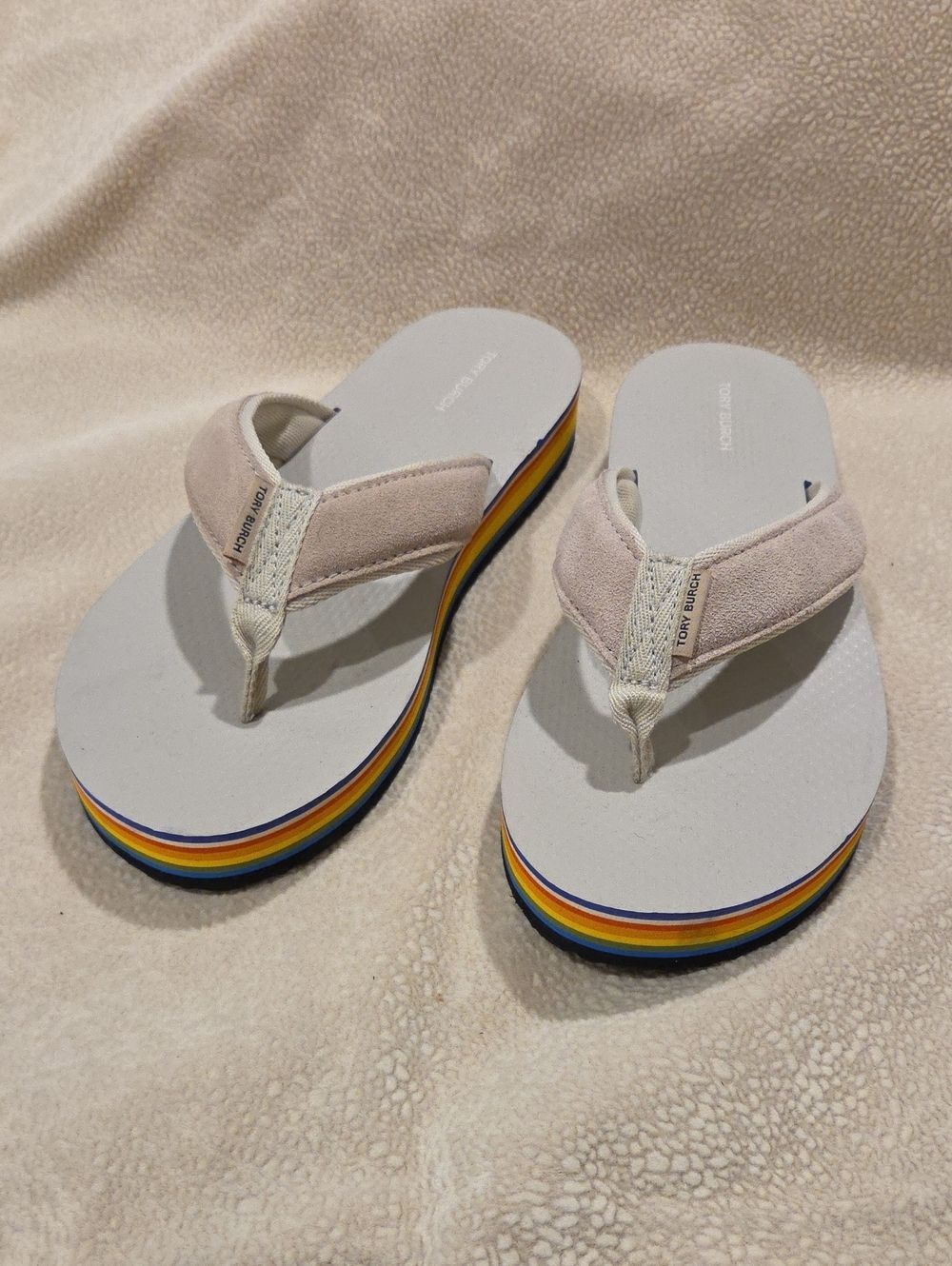 Tory Burch 70s Suede Gray Rainbow-Trim Platform Sandals, Size 9